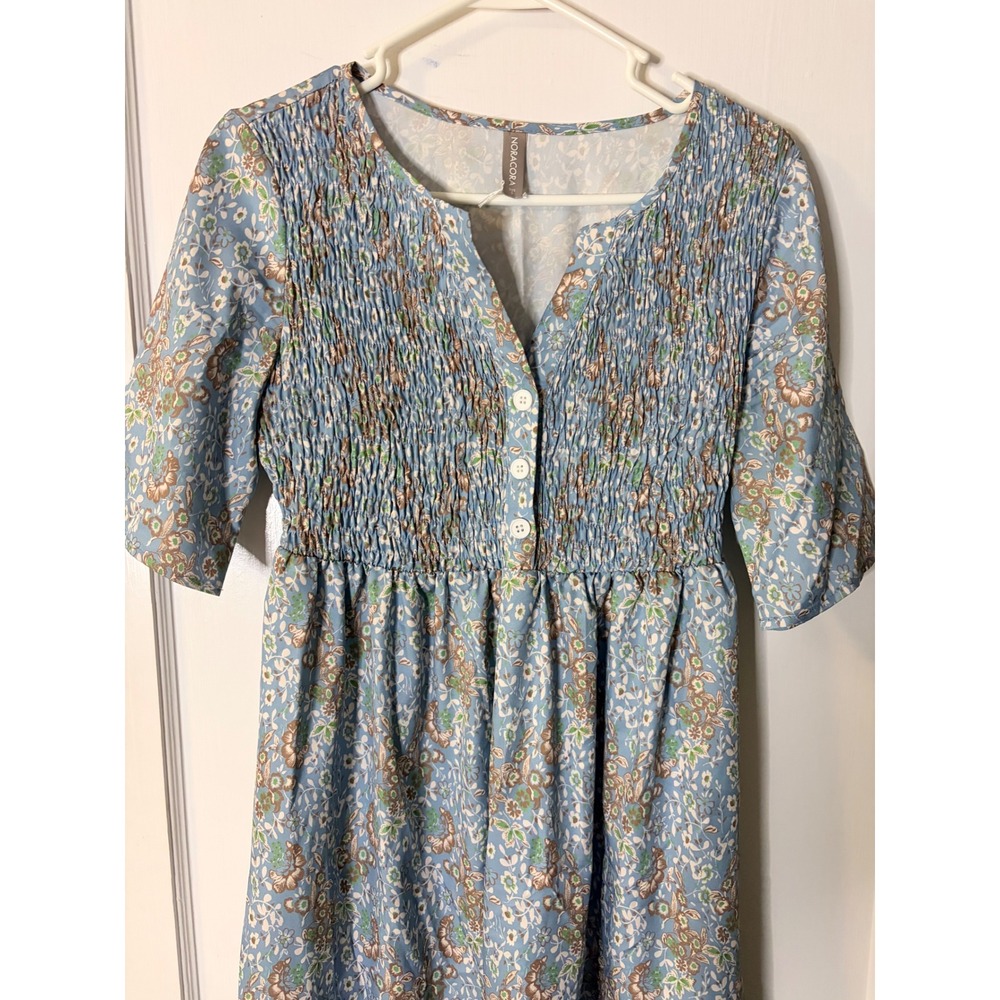 Noracora Blue Floral Smocked Midi Dress Womens Small Boho Cottagecore 1382088#